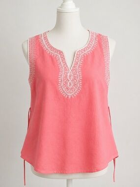 Sherry Taylor Embroidered Tunic Top Medium Boho Sleeveless Ramie Rayon Blouse